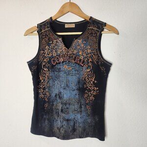 Skinny Minnie Womens Medium Tank Top Black Cowgirl Floral Western V-neck